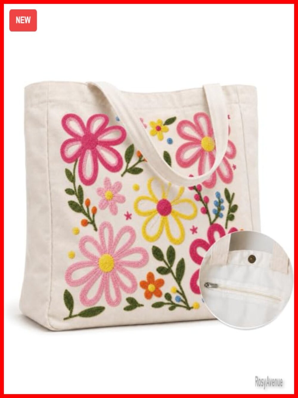 Large Embroidered Canvas Tote Bag Waterproof Lining Snap Closure